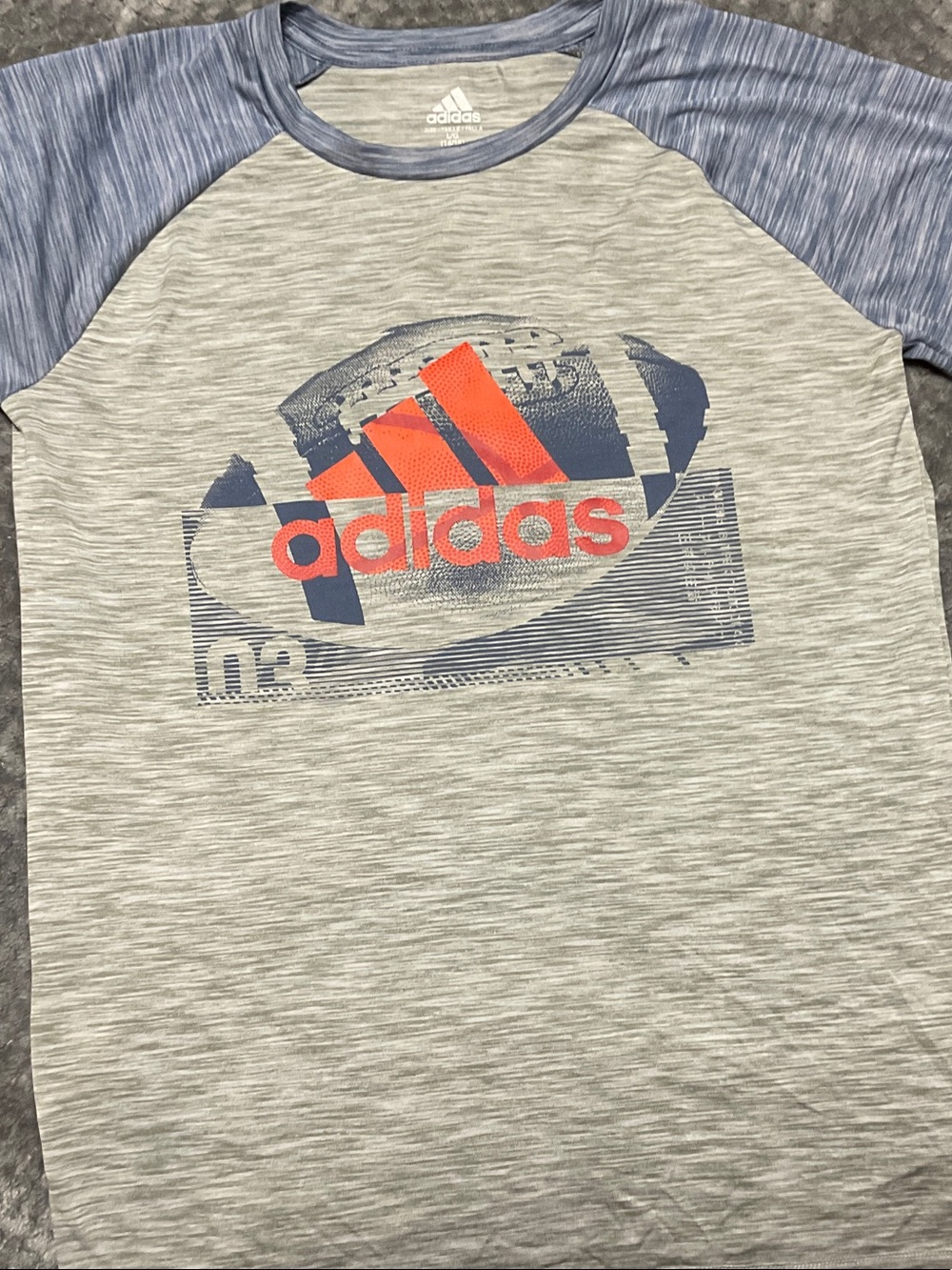 adidas Heather Gray Tee with Blue Raglan Sleeves and Orange Logo